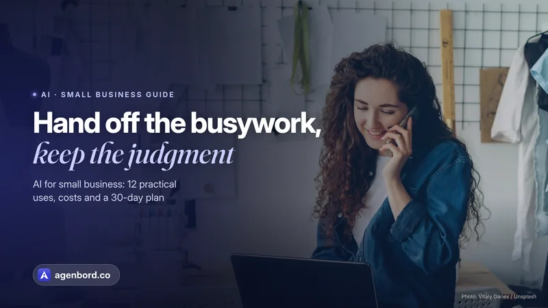 A tailor's shop owner on the phone at her laptop in a studio with sewing patterns and a clothing rack. Headline: Hand off the busywork, keep the judgment