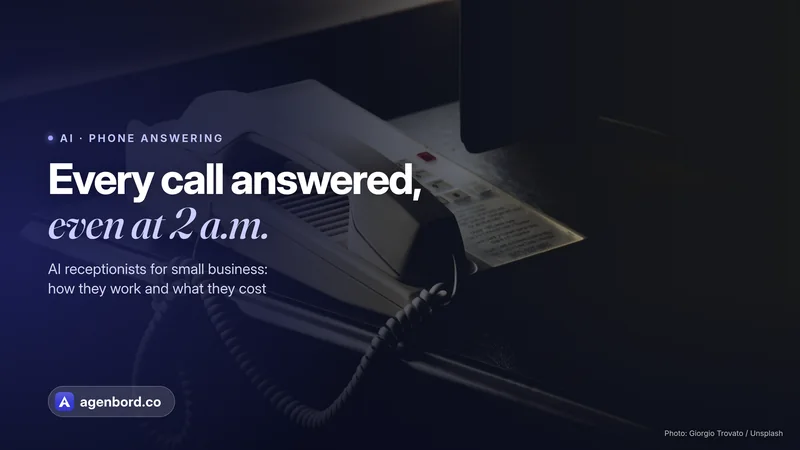 A desk phone on a dark office desk. Headline: Every call answered, even at 2 a.m.