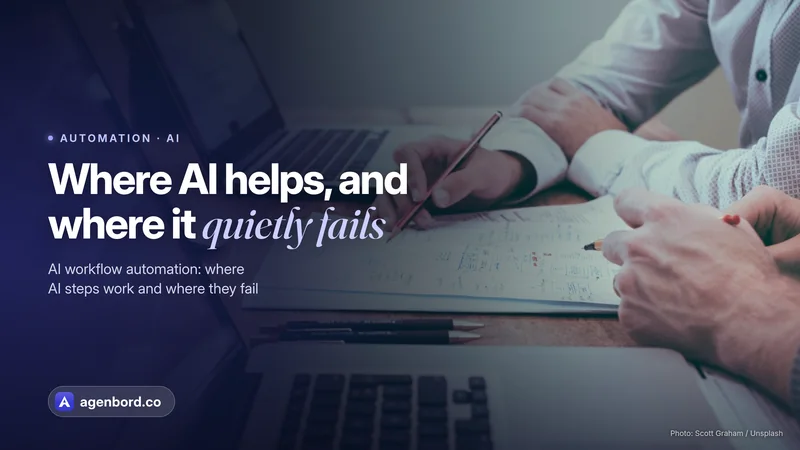 Hands taking notes beside two laptops. Headline: Where AI helps, and where it quietly fails