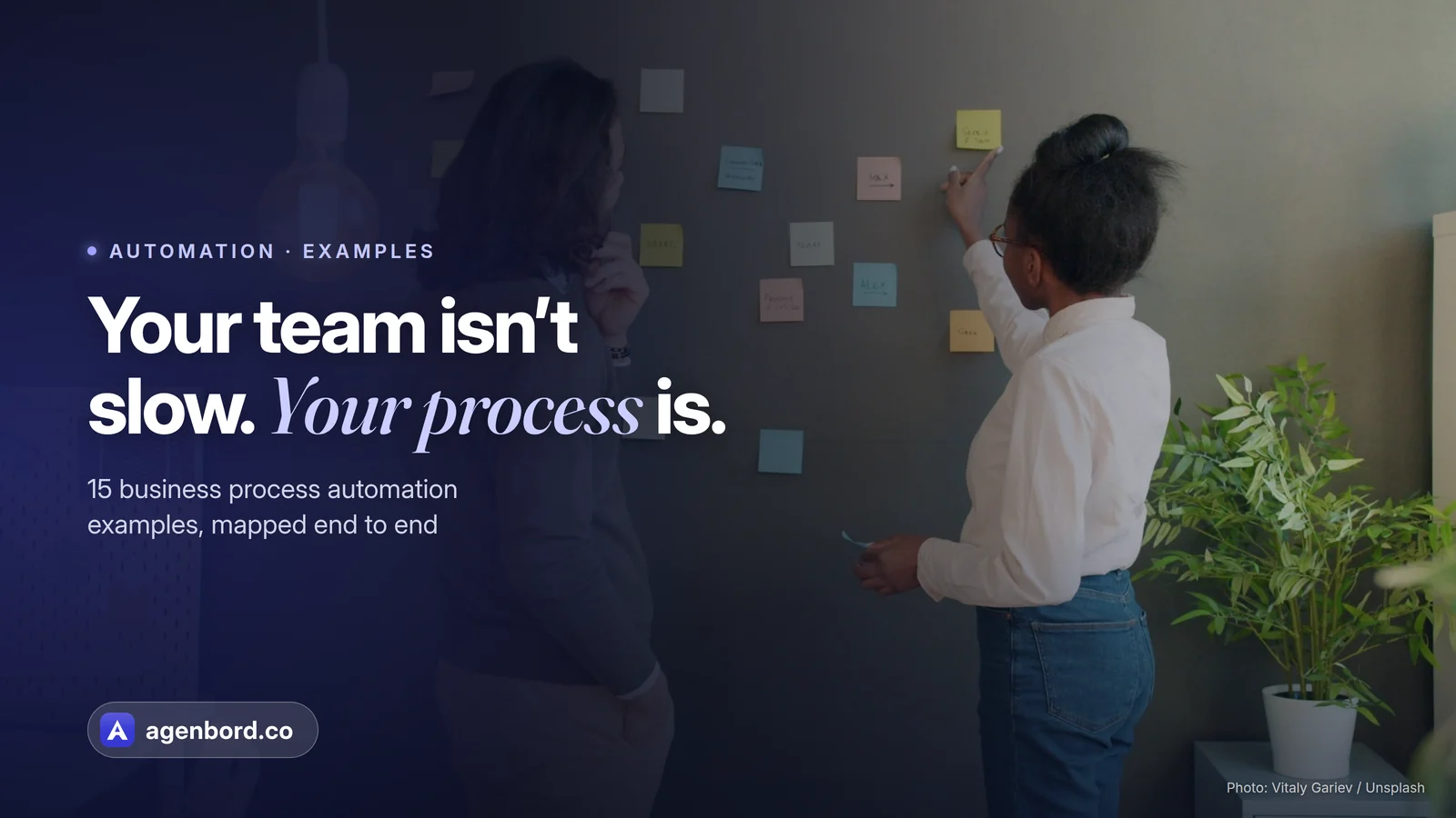 Two colleagues mapping a process with sticky notes on a wall. Headline: Your team isn't slow. Your process is.