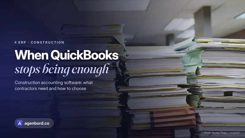 Tall stacks of paper files in an office. Headline: When QuickBooks stops being enough