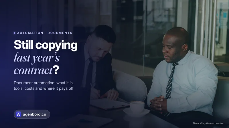 Two businessmen signing a document at a meeting table. Headline: Still copying last year's contract?