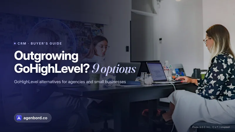 Three marketers working on laptops at a shared table in an agency office. Headline: Outgrowing GoHighLevel? 9 options