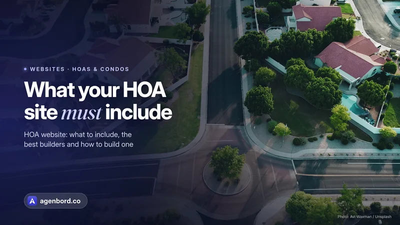 A residential community with landscaped streets and pools, seen from the air. Headline: What your HOA site must include