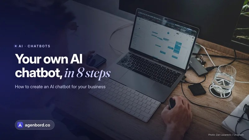 A man working on a laptop at a wooden desk. Headline: Your own AI chatbot, in 8 steps