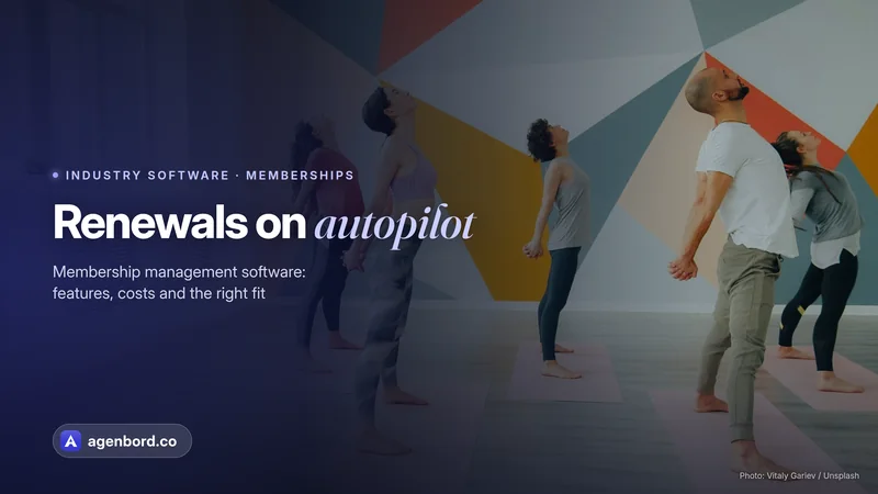 Members stretching in a yoga class in a bright studio. Headline: Renewals on autopilot