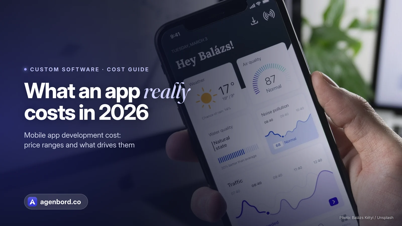 A hand holding a smartphone that shows an app design. Headline: What an app really costs in 2026