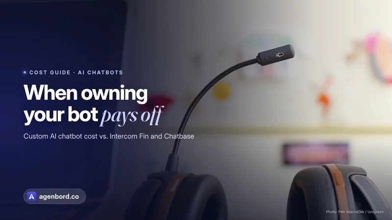 A support headset with a microphone next to a laptop. Headline: When owning your bot pays off