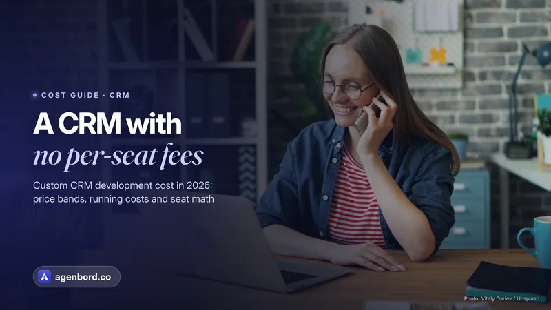 A woman on a phone call while working on a laptop in an office. Headline: A CRM with no per-seat fees