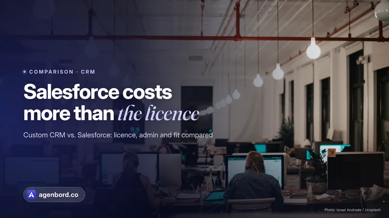 A busy open-plan office with people working at computers. Headline: Salesforce costs more than the license
