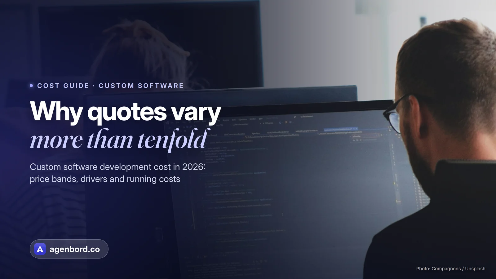 Two developers working on code at side-by-side monitors. Headline: Why quotes vary more than tenfold