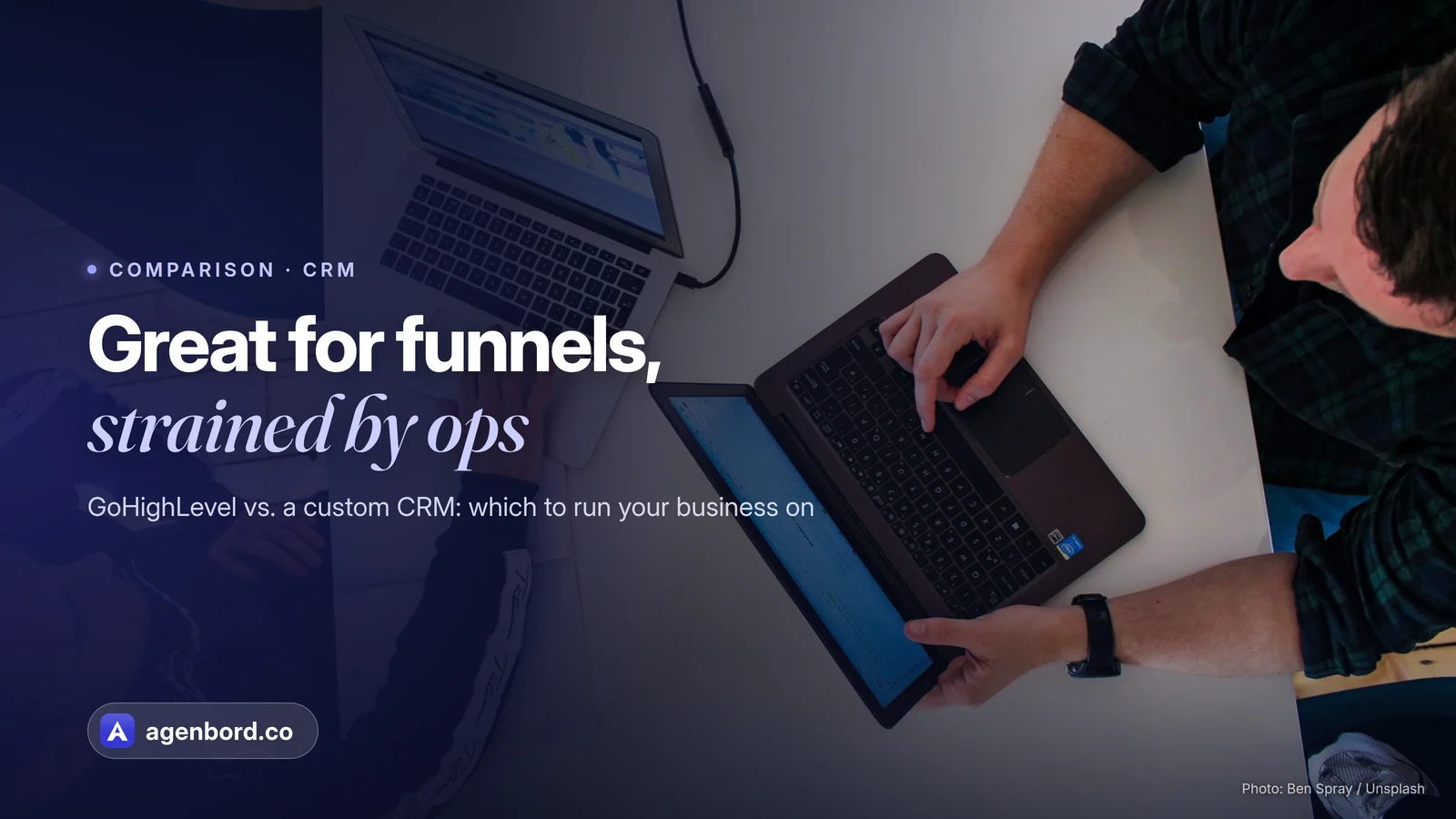 Two people working on laptops at a white table, seen from above. Headline: Great for funnels, strained by ops