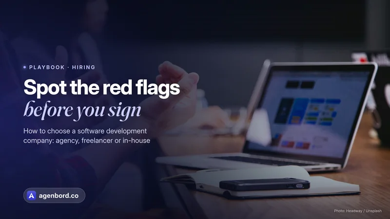 Hands gesturing across a table during a meeting with a laptop open. Headline: Spot the red flags before you sign