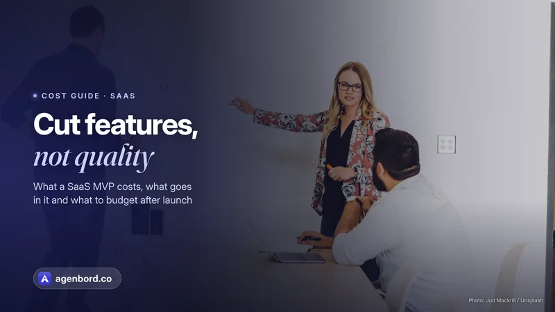 A small product team planning at a whiteboard. Headline: Cut features, not quality